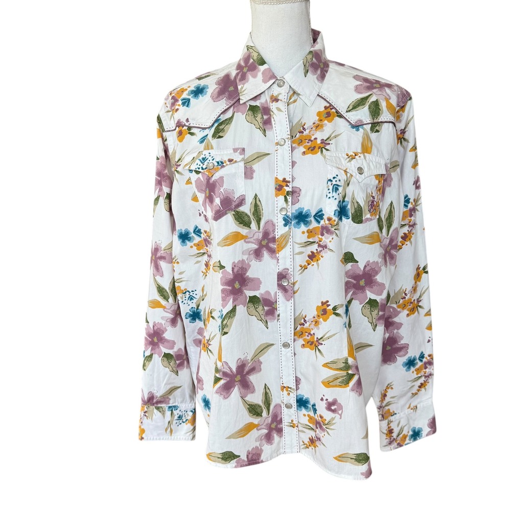 Ariat Women XL Floral Western Snap Shirt Long Sleeve Purple White Cotton Cowgirl